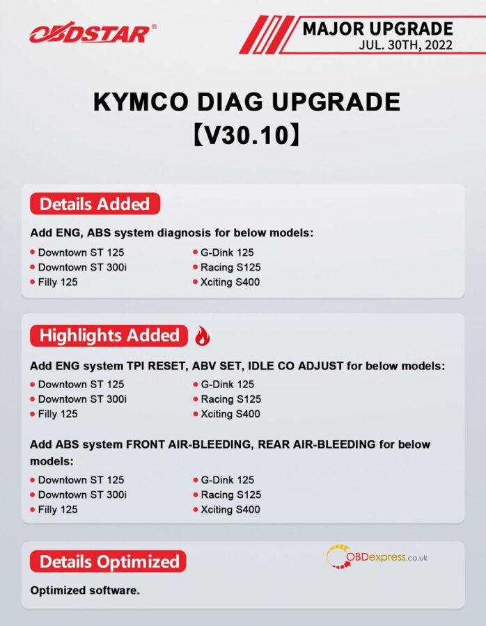 KYMCO DIAG UPGRADE V30.10 698x900 - OBDSTAR July upgrade information summary (KYMCO Diag, Airbag reset, IMMO) - OBDSTAR July upgrade information summary (KYMCO Diag, Airbag reset, IMMO)