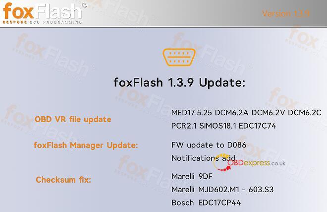 foxflash v1.3.9 update obd vr file - Foxflash V1.3.9 Update OBD VR File MED17/ DCM6.2X/ PCR2.1/ SIMOS18.1/ EDC17 - Foxflash V1.3.9 Update OBD VR File MED17,DCM6.2X,PCR2.1,SIMOS18.1 EDC17C74