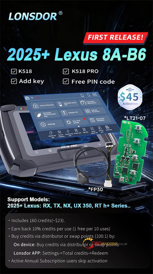 lonsdor k518 pro add 2025+ lexus 8a b6 key 2